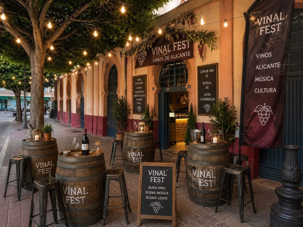 Puesto de VINAL FEST con barricas y pizarras de vinos